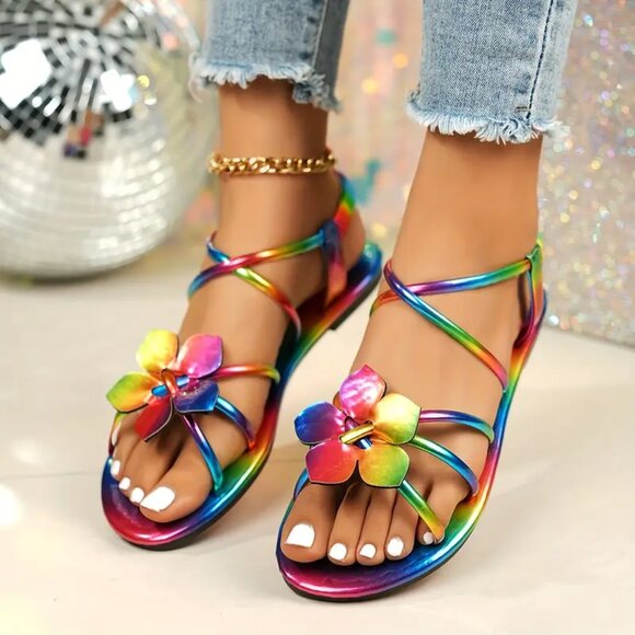 Rainbow Floral Flat Sandals โ Retro Open-Toe Roman Style, Comfy & Colorful - Picture 4 of 7